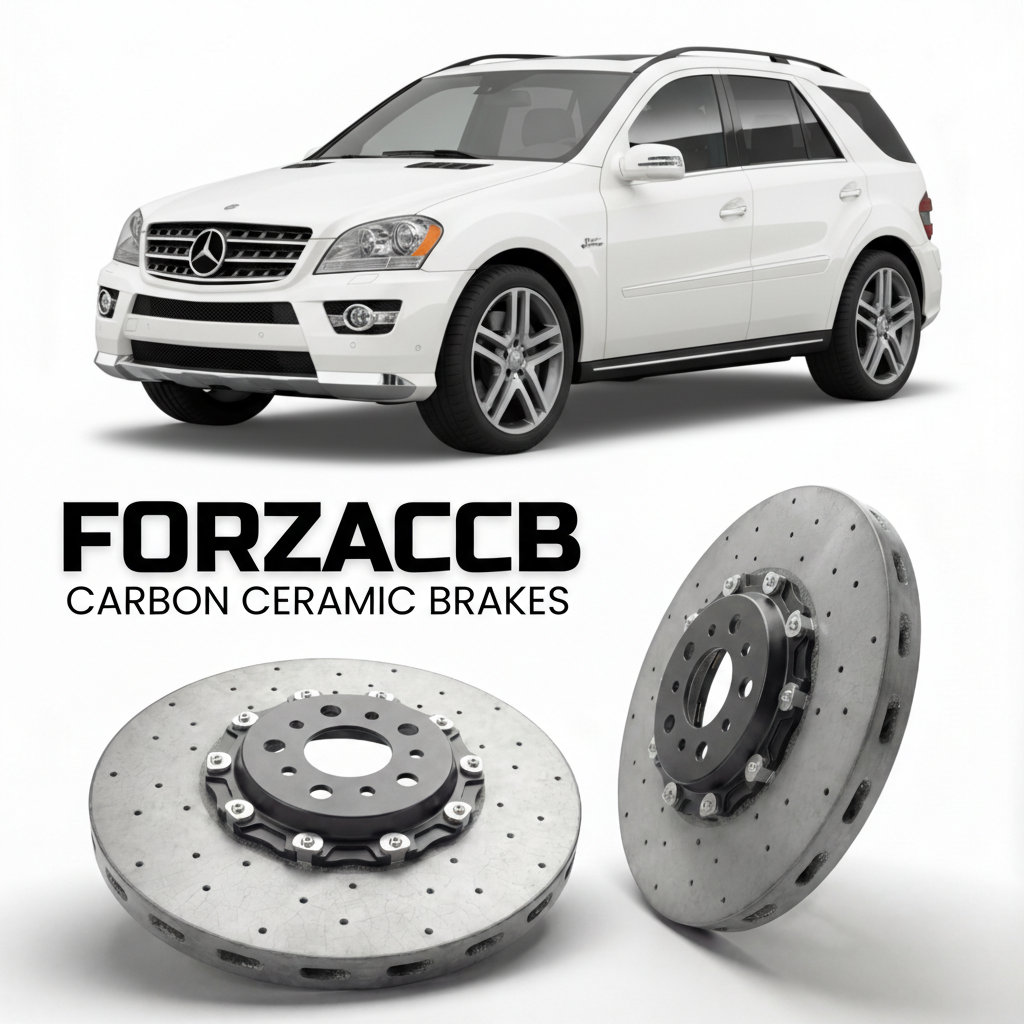 ForzaCCB direct OEM replacement carbon ceramic brake rotors for 2006 to 2011 Mercedes-Benz ML 63 AMG W164 models, shown with a white Mercedes-Benz ML 63 AMG car.
