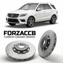 ForzaCCB direct OEM replacement carbon ceramic brake rotors for 2012 to 2015 Mercedes-Benz ML 63 AMG W166 models, shown with a white Mercedes-Benz ML 63 AMG car.