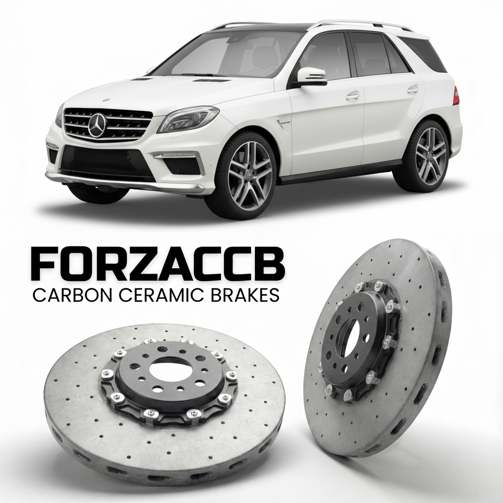 ForzaCCB direct OEM replacement carbon ceramic brake rotors for 2012 to 2015 Mercedes-Benz ML 63 AMG W166 models, shown with a white Mercedes-Benz ML 63 AMG car.