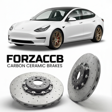 ForzaCCB direct OEM replacement carbon ceramic brake rotors for 2024 and newer Tesla Model 3 Highland models, shown with a white Tesla Model 3 Highland car.