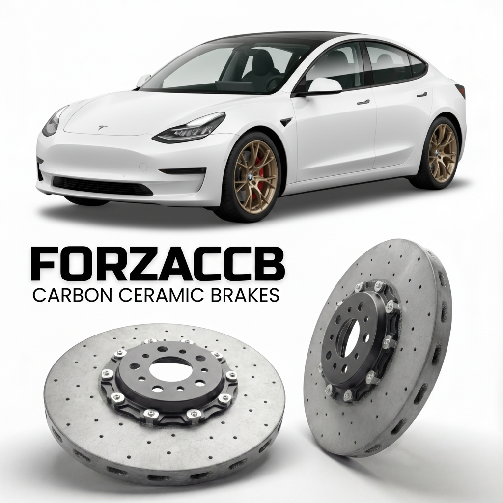 ForzaCCB direct OEM replacement carbon ceramic brake rotors for 2024 and newer Tesla Model 3 Highland models, shown with a white Tesla Model 3 Highland car.