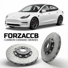 ForzaCCB direct OEM replacement carbon ceramic brake rotors for 2017 to 2023 Tesla Model 3 Perf. models, shown with a white Tesla Model 3 Perf. car.