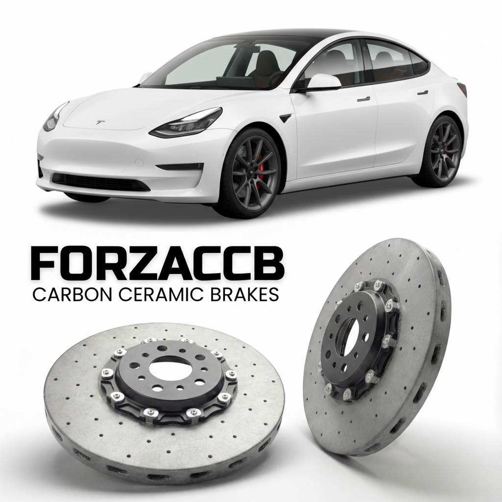 ForzaCCB direct OEM replacement carbon ceramic brake rotors for 2017 to 2023 Tesla Model 3 Perf. models, shown with a white Tesla Model 3 Perf. car.