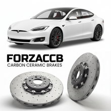 ForzaCCB direct OEM replacement carbon ceramic brake rotors for 2021 and newer Tesla Model S Plaid models, shown with a white Tesla Model S Plaid car.