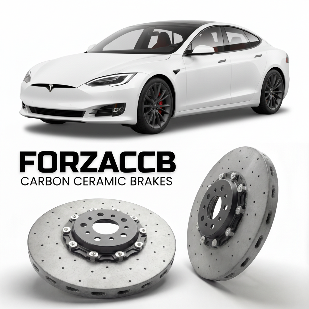 ForzaCCB direct OEM replacement carbon ceramic brake rotors for 2021 and newer Tesla Model S Plaid models, shown with a white Tesla Model S Plaid car.