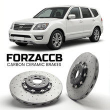 ForzaCCB direct OEM replacement carbon ceramic brake rotors for 2008 to 2016 Kia Mohave models, shown with a white Kia Mohave car.
