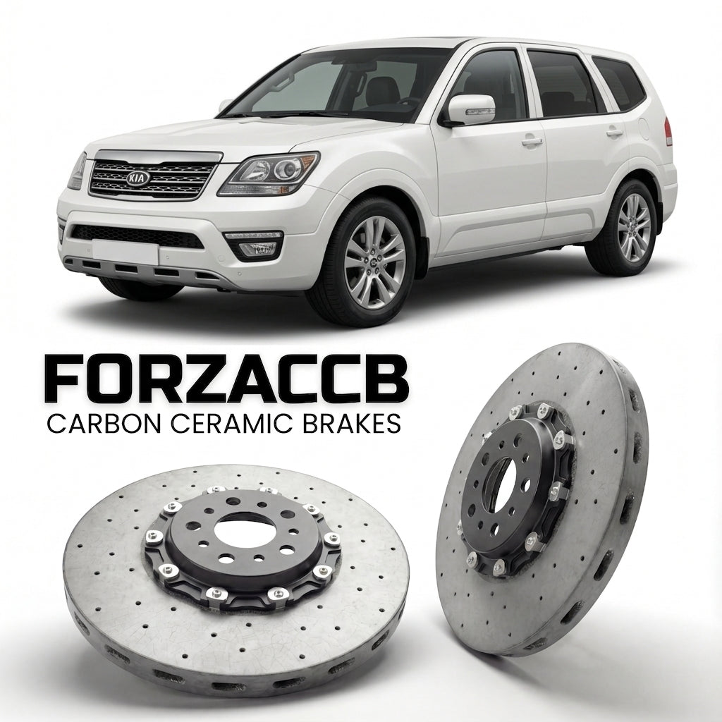 ForzaCCB direct OEM replacement carbon ceramic brake rotors for 2008 to 2016 Kia Mohave models, shown with a white Kia Mohave car.