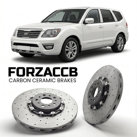 ForzaCCB direct OEM replacement carbon ceramic brake rotors for 2008 to 2016 Kia Mohave models, shown with a white Kia Mohave car.