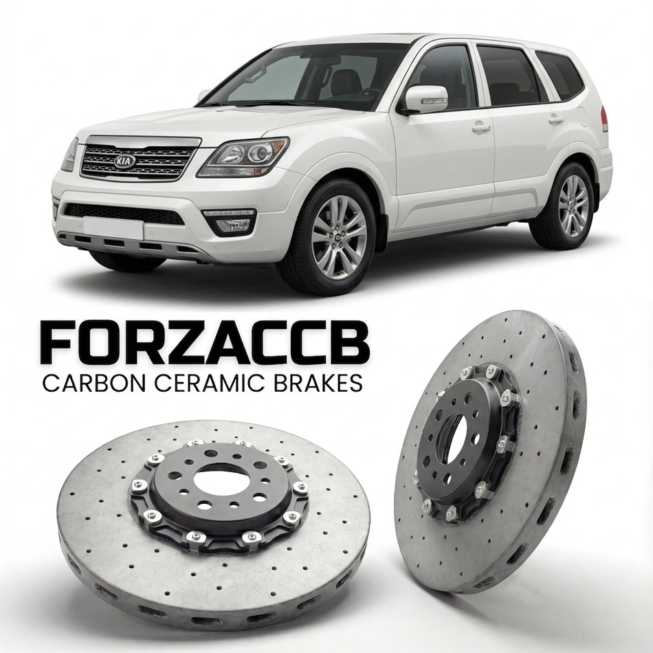 ForzaCCB direct OEM replacement carbon ceramic brake rotors for 2008 to 2016 Kia Mohave models, shown with a white Kia Mohave car.