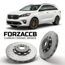 ForzaCCB direct OEM replacement carbon ceramic brake rotors for 2016 to 2019 Kia Mohave facelift 2016 models, shown with a white Kia Mohave car.