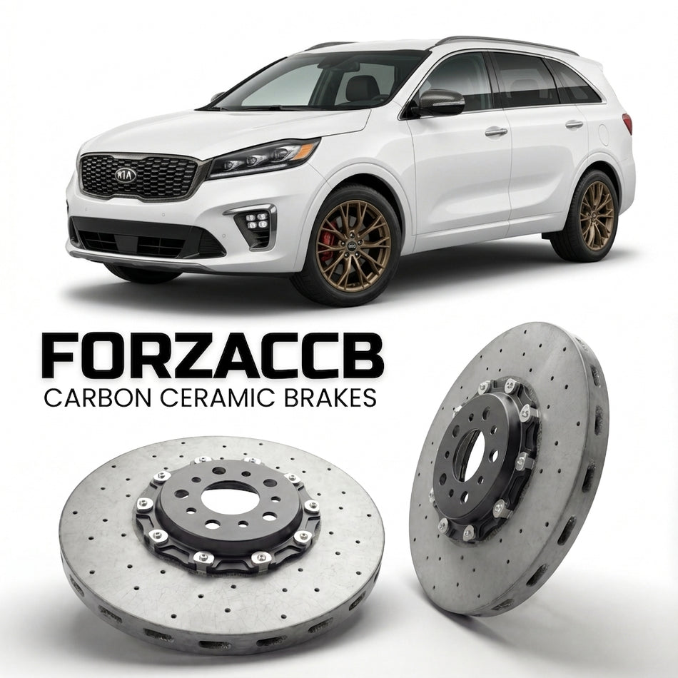 ForzaCCB direct OEM replacement carbon ceramic brake rotors for 2016 to 2019 Kia Mohave facelift 2016 models, shown with a white Kia Mohave car.