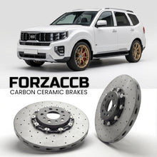 ForzaCCB direct OEM replacement carbon ceramic brake rotors for 2019 and newer Kia Mohave facelift 2019 models, shown with a white Kia Mohave car.