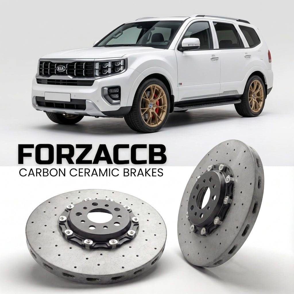 ForzaCCB direct OEM replacement carbon ceramic brake rotors for 2019 and newer Kia Mohave facelift 2019 models, shown with a white Kia Mohave car.