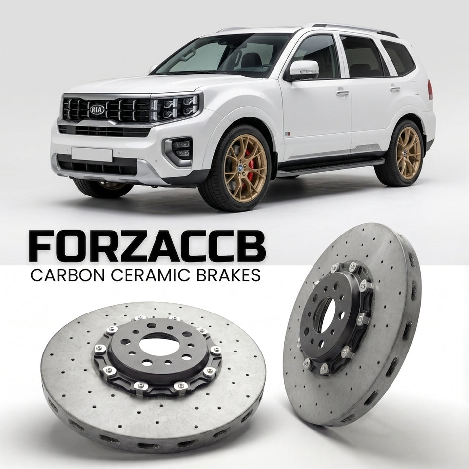 ForzaCCB direct OEM replacement carbon ceramic brake rotors for 2019 and newer Kia Mohave facelift 2019 models, shown with a white Kia Mohave car.