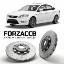 ForzaCCB direct OEM replacement carbon ceramic brake rotors for 2005 to 2007 Ford Mondeo II Hatchback models, shown with a white Ford Mondeo car.