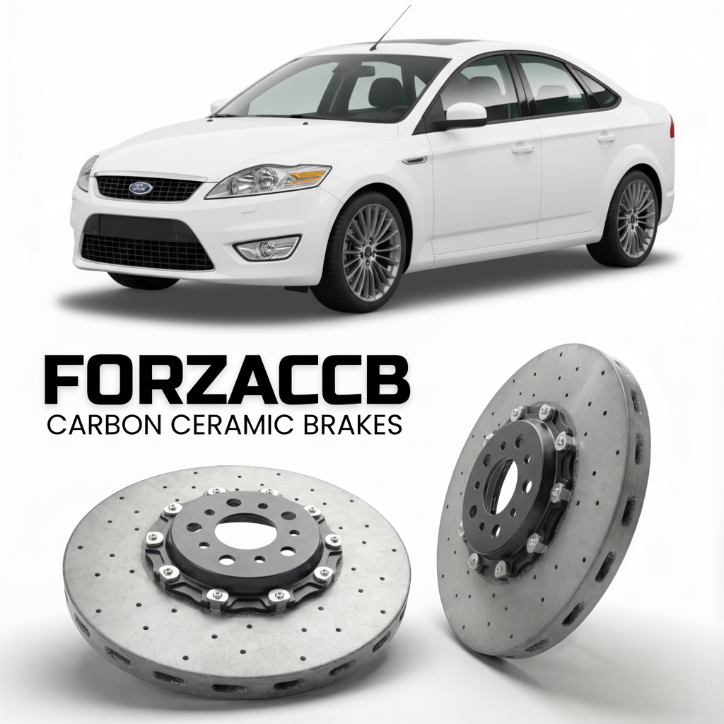 ForzaCCB direct OEM replacement carbon ceramic brake rotors for 2005 to 2007 Ford Mondeo II Hatchback models, shown with a white Ford Mondeo car.