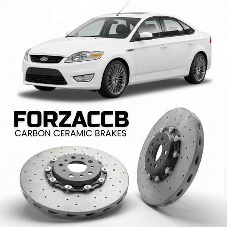 ForzaCCB direct OEM replacement carbon ceramic brake rotors for 2005 to 2007 Ford Mondeo II Hatchback models, shown with a white Ford Mondeo car.