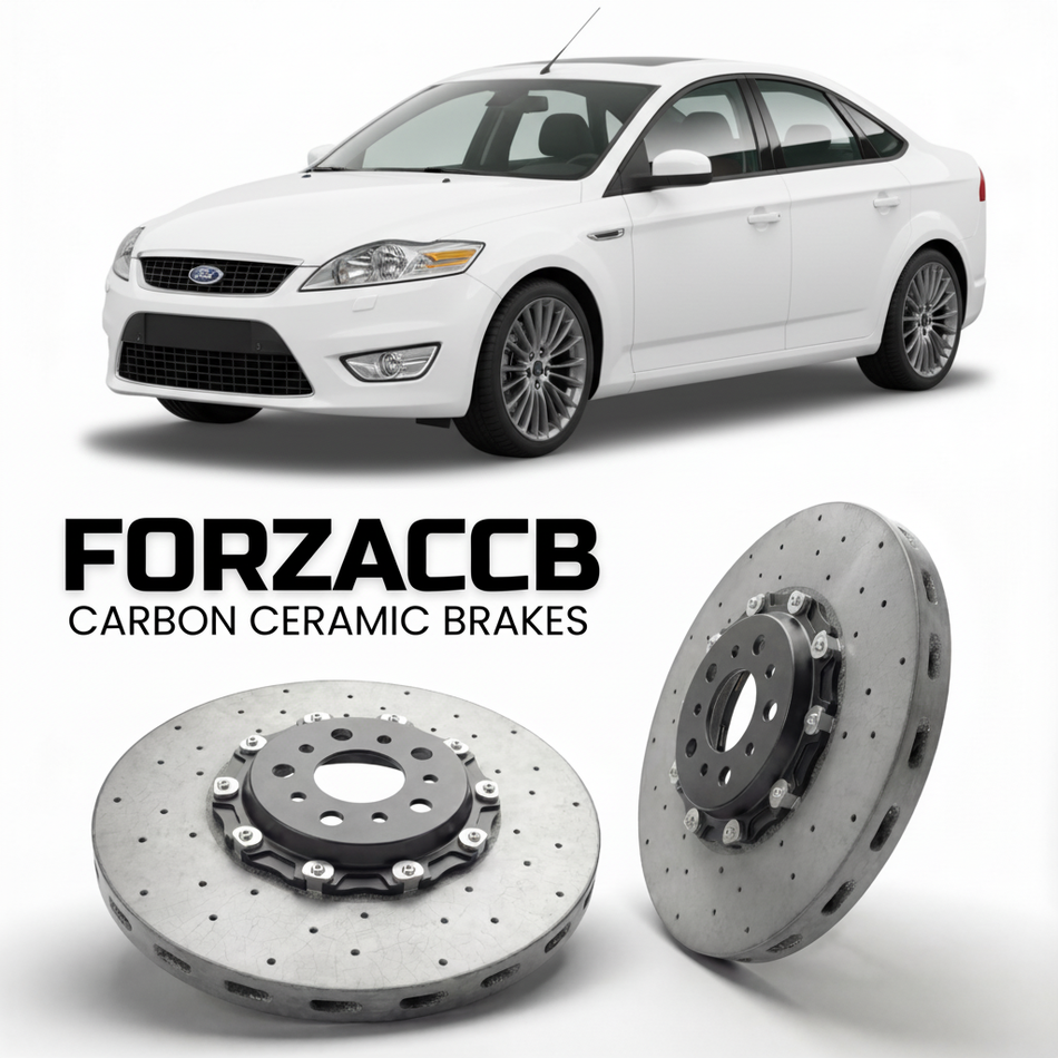 ForzaCCB direct OEM replacement carbon ceramic brake rotors for 2005 to 2007 Ford Mondeo II Hatchback models, shown with a white Ford Mondeo car.