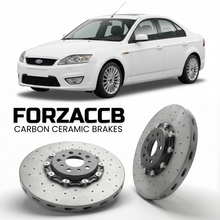 ForzaCCB direct OEM replacement carbon ceramic brake rotors for 2005 to 2007 Ford Mondeo II Sedan models, shown with a white Ford Mondeo car.