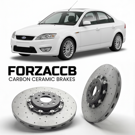 ForzaCCB direct OEM replacement carbon ceramic brake rotors for 2005 to 2007 Ford Mondeo II Sedan models, shown with a white Ford Mondeo car.
