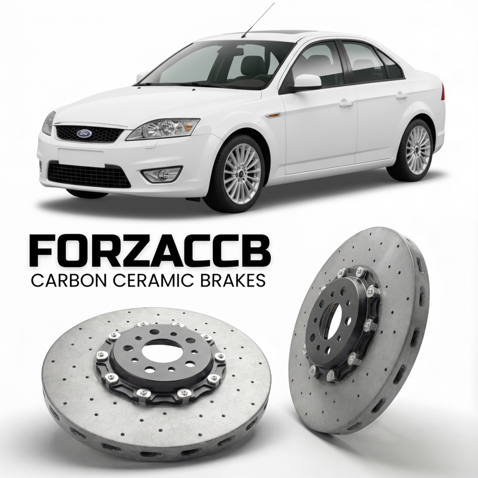 ForzaCCB direct OEM replacement carbon ceramic brake rotors for 2005 to 2007 Ford Mondeo II Sedan models, shown with a white Ford Mondeo car.
