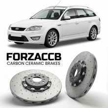 ForzaCCB direct OEM replacement carbon ceramic brake rotors for 2005 to 2007 Ford Mondeo II Wagon models, shown with a white Ford Mondeo car.
