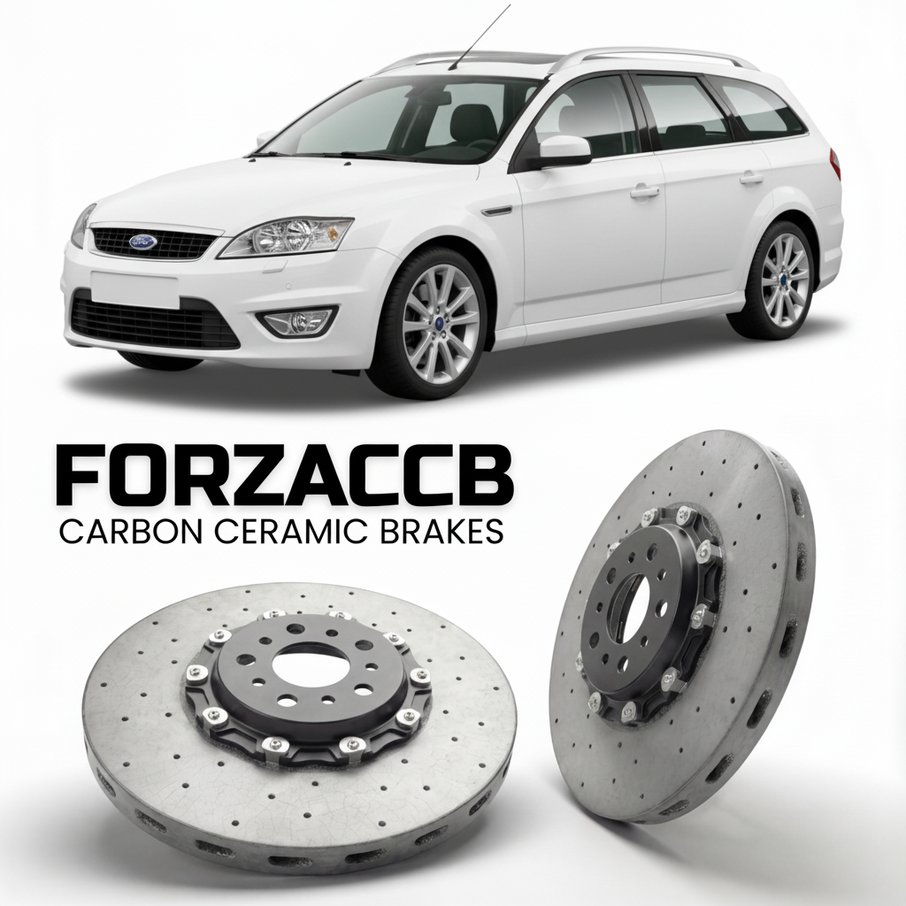 ForzaCCB direct OEM replacement carbon ceramic brake rotors for 2005 to 2007 Ford Mondeo II Wagon models, shown with a white Ford Mondeo car.