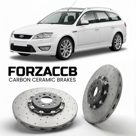 ForzaCCB direct OEM replacement carbon ceramic brake rotors for 2005 to 2007 Ford Mondeo II Wagon models, shown with a white Ford Mondeo car.