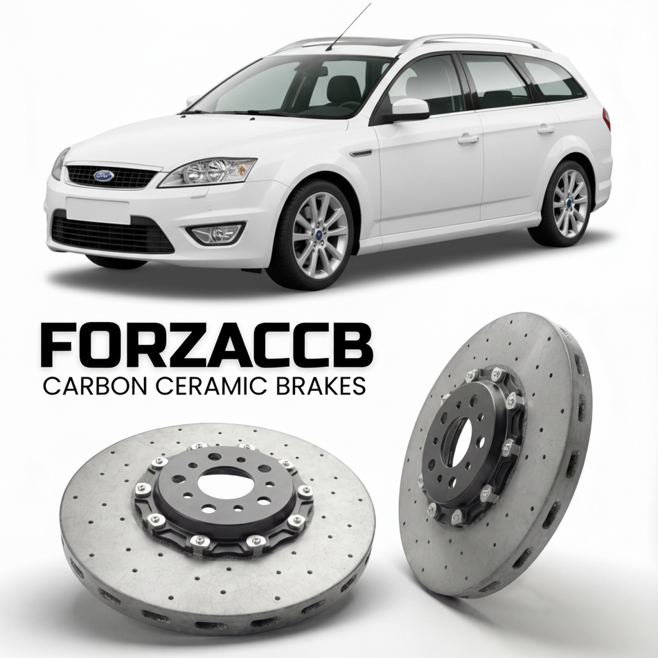 ForzaCCB direct OEM replacement carbon ceramic brake rotors for 2005 to 2007 Ford Mondeo II Wagon models, shown with a white Ford Mondeo car.
