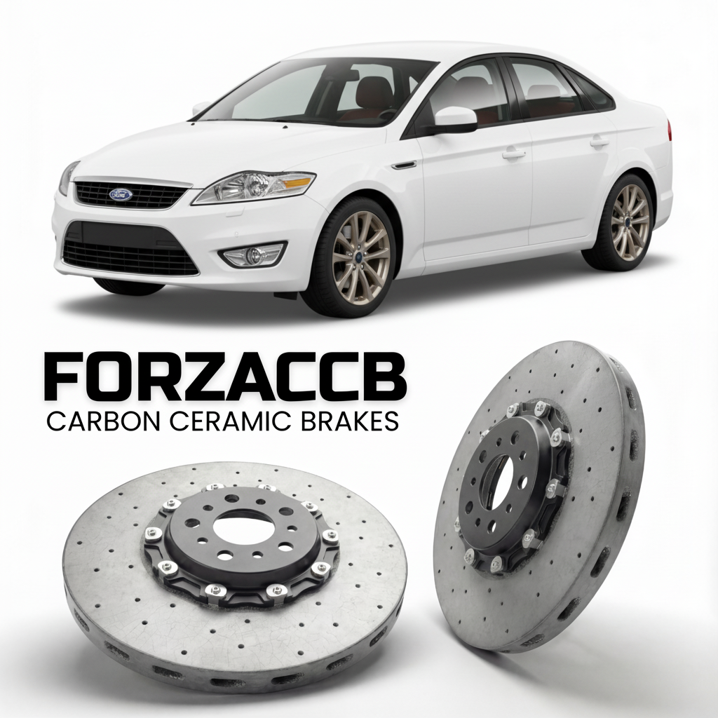 ForzaCCB direct OEM replacement carbon ceramic brake rotors for 2006 to 2010 Ford Mondeo III Sedan models, shown with a white Ford Mondeo car.