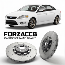 ForzaCCB direct OEM replacement carbon ceramic brake rotors for 2006 to 2010 Ford Mondeo III Sedan models, shown with a white Ford Mondeo car.