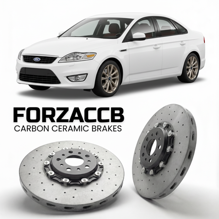 ForzaCCB direct OEM replacement carbon ceramic brake rotors for 2006 to 2010 Ford Mondeo III Sedan models, shown with a white Ford Mondeo car.