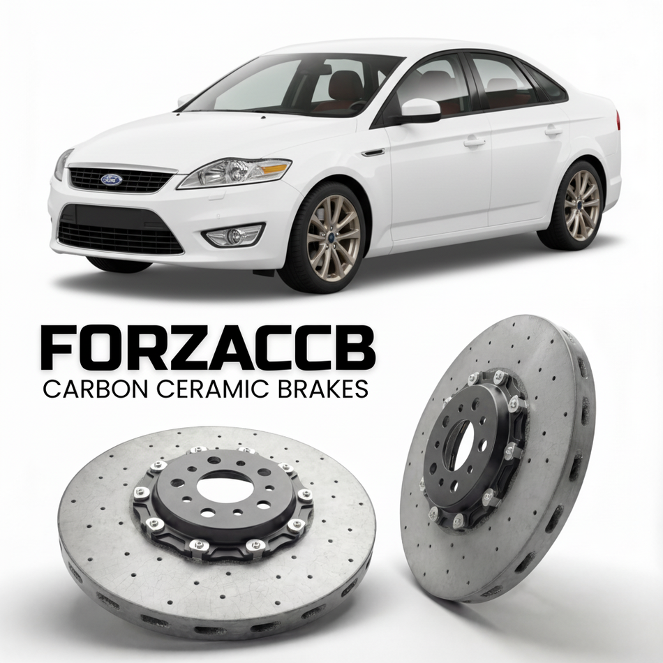 ForzaCCB direct OEM replacement carbon ceramic brake rotors for 2006 to 2010 Ford Mondeo III Sedan models, shown with a white Ford Mondeo car.