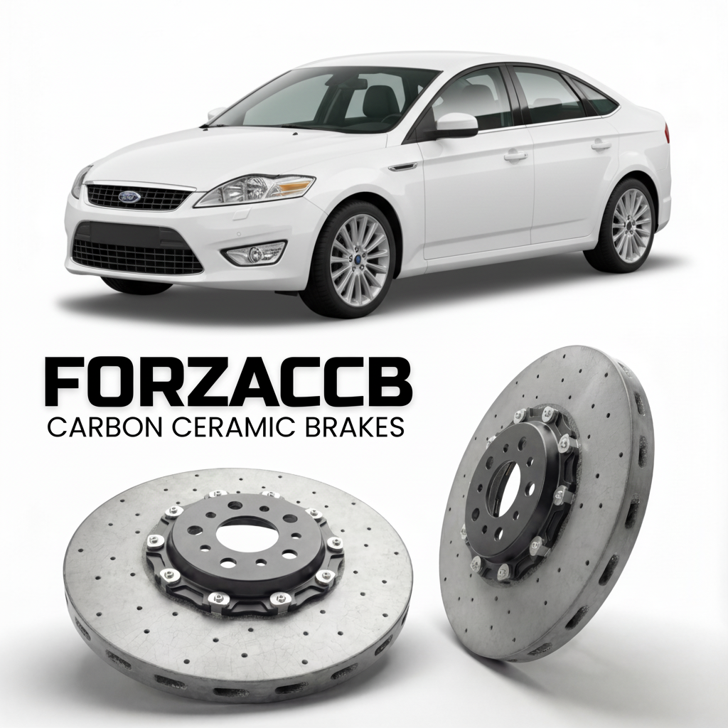 ForzaCCB direct OEM replacement carbon ceramic brake rotors for 2007 to 2010 Ford Mondeo III Hatchback models, shown with a white Ford Mondeo car.