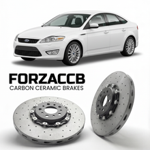 ForzaCCB direct OEM replacement carbon ceramic brake rotors for 2007 to 2010 Ford Mondeo III Hatchback models, shown with a white Ford Mondeo car.