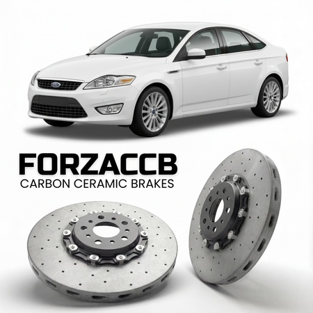 ForzaCCB direct OEM replacement carbon ceramic brake rotors for 2007 to 2010 Ford Mondeo III Hatchback models, shown with a white Ford Mondeo car.
