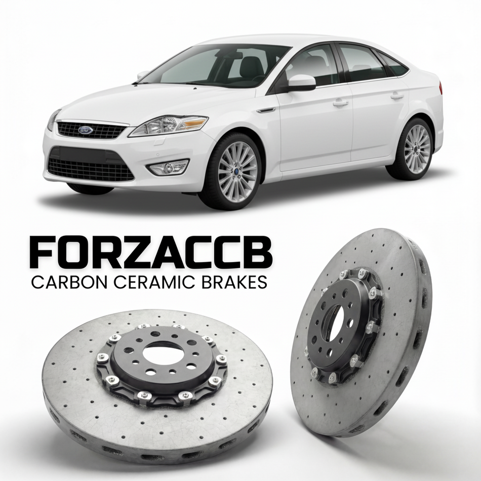 ForzaCCB direct OEM replacement carbon ceramic brake rotors for 2007 to 2010 Ford Mondeo III Hatchback models, shown with a white Ford Mondeo car.