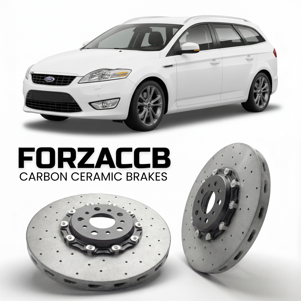 ForzaCCB direct OEM replacement carbon ceramic brake rotors for 2007 to 2010 Ford Mondeo III Wagon models, shown with a white Ford Mondeo car.