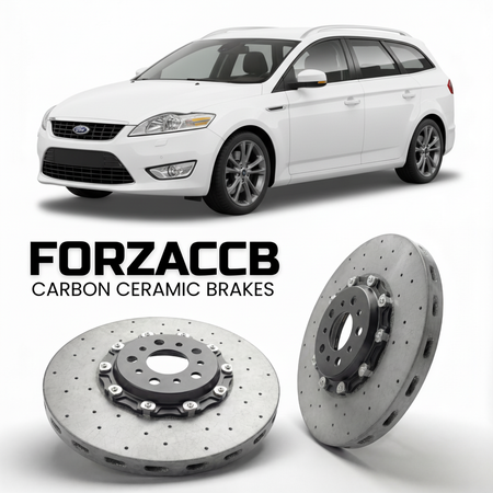 ForzaCCB direct OEM replacement carbon ceramic brake rotors for 2007 to 2010 Ford Mondeo III Wagon models, shown with a white Ford Mondeo car.