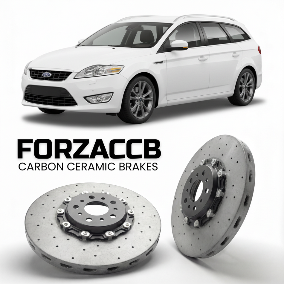 ForzaCCB direct OEM replacement carbon ceramic brake rotors for 2007 to 2010 Ford Mondeo III Wagon models, shown with a white Ford Mondeo car.
