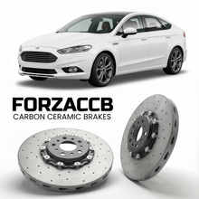 ForzaCCB direct OEM replacement carbon ceramic brake rotors for 2010-2014) Ford Mondeo III Hatchback (facelift 2010 models, shown with a white Ford Mondeo car.