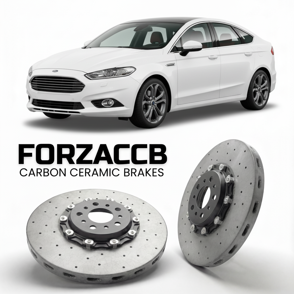ForzaCCB direct OEM replacement carbon ceramic brake rotors for 2010-2014) Ford Mondeo III Hatchback (facelift 2010 models, shown with a white Ford Mondeo car.