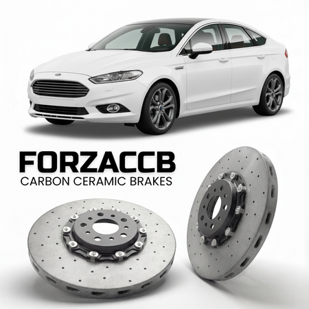 ForzaCCB direct OEM replacement carbon ceramic brake rotors for 2010-2014) Ford Mondeo III Hatchback (facelift 2010 models, shown with a white Ford Mondeo car.
