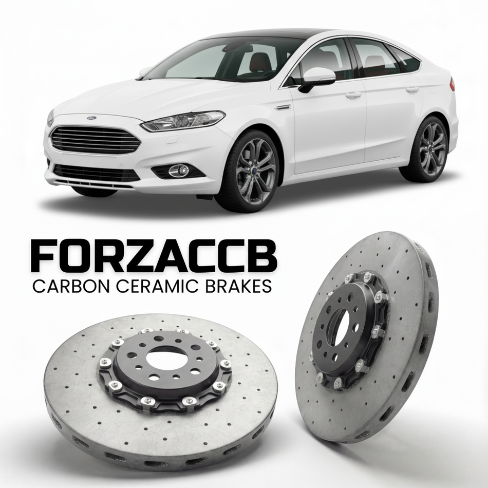 ForzaCCB direct OEM replacement carbon ceramic brake rotors for 2010-2014) Ford Mondeo III Hatchback (facelift 2010 models, shown with a white Ford Mondeo car.