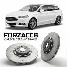 ForzaCCB direct OEM replacement carbon ceramic brake rotors for 2010-2014) Ford Mondeo III Wagon (facelift 2010 models, shown with a white Ford Mondeo car.