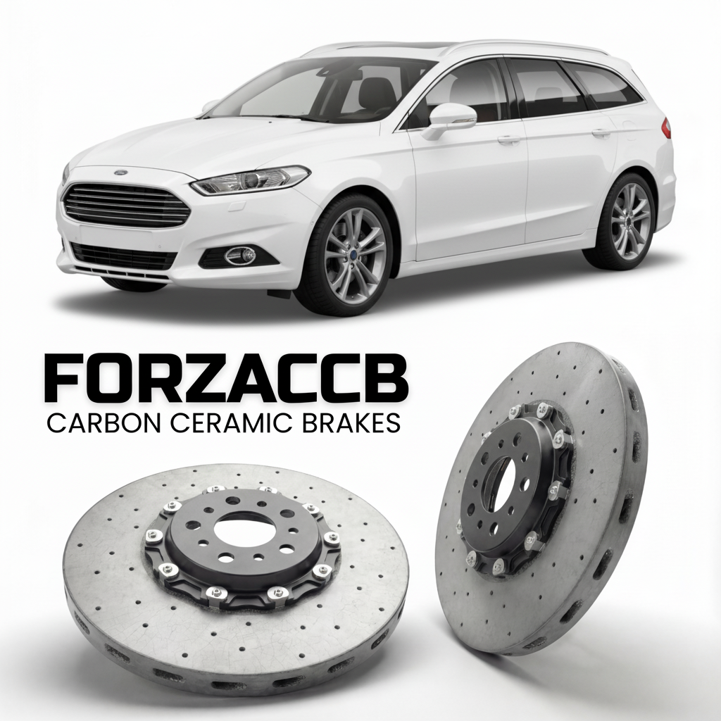 ForzaCCB direct OEM replacement carbon ceramic brake rotors for 2010-2014) Ford Mondeo III Wagon (facelift 2010 models, shown with a white Ford Mondeo car.