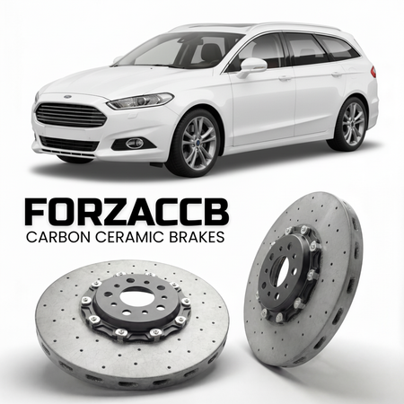 ForzaCCB direct OEM replacement carbon ceramic brake rotors for 2010-2014) Ford Mondeo III Wagon (facelift 2010 models, shown with a white Ford Mondeo car.