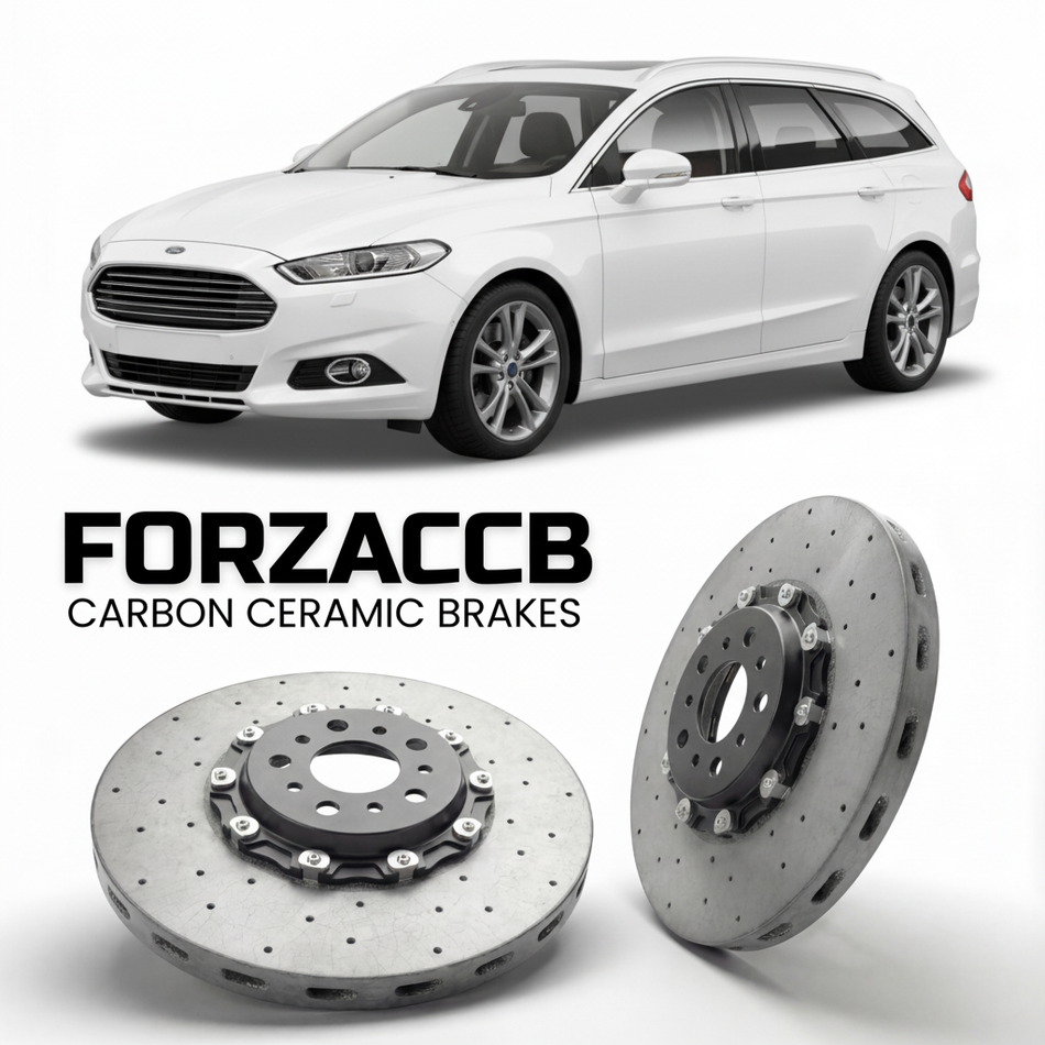 ForzaCCB direct OEM replacement carbon ceramic brake rotors for 2010-2014) Ford Mondeo III Wagon (facelift 2010 models, shown with a white Ford Mondeo car.