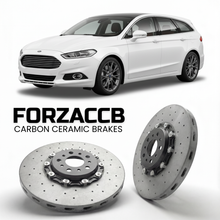 ForzaCCB direct OEM replacement carbon ceramic brake rotors for 2014 to 2018 Ford Mondeo IV Hatchback models, shown with a white Ford Mondeo car.