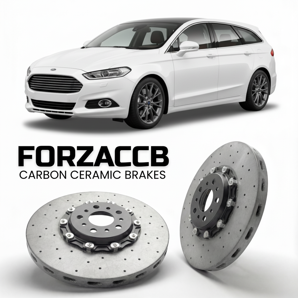 ForzaCCB direct OEM replacement carbon ceramic brake rotors for 2014 to 2018 Ford Mondeo IV Hatchback models, shown with a white Ford Mondeo car.
